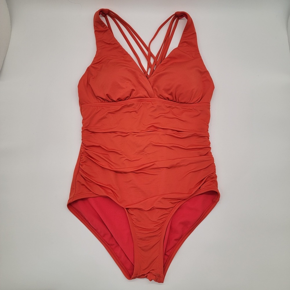 Jantzen One Piece Swimsuit Orange Red  Ruching Criss Cross Strappy Back Sz 10